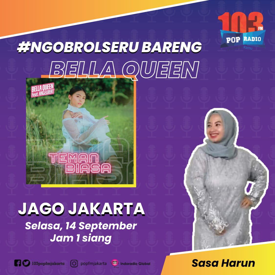 swarabintang's tweet photo. Sobat dangdut terambyaarr! Bella Queen akan ada di #ngobrolseru bareng @103popfmjakarta lho, jam 1 siang ini!
—
Staytune ya sobat dangdut, kita seru-seruan bareng Bella Queen! RAMAIKAN 🔥✨

#BellaTemanBiasa #BellaKDI #popfmjakarta #popfm  #TemanBiasa #swarabintangrecords https://t.co/PcTD8NWSU8
