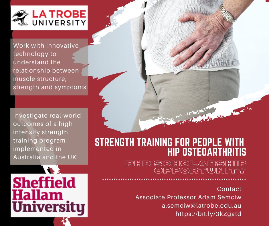 Funded PhD opportunity. Strength training for people with hip OA. Work with <a href="/DrTaniaPizzari/">Tania Pizzari</a> <a href="/TMadenWilkinson/">Dr Tom Maden-Wilkinson</a> <a href="/annalowephysio/">Anna Lowe</a> and myself. Email (a.semciw@latrobe.edu.au) or DM.  <a href="/LTUPhysio/">La Trobe Physio</a> <a href="/LaTrobeSEM/">La Trobe SEMRC</a> <a href="/SHU_SPARC/">SPARC</a>
<a href="/SHU_AWRC/">Advanced Wellbeing Research Centre</a>