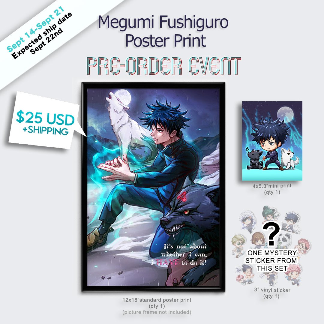 yanimatorART's tweet photo. Great news guys! I’ve put up the the two new posters up on my shop at https://t.co/IAt6RaBu2s

#megumifushiguro and #gojosatoru! For one week only, you can get this poster, mini print and a mystery #jujutsukaisen sticker for the price of just the 1 poster! https://t.co/ovx3ic8PBR