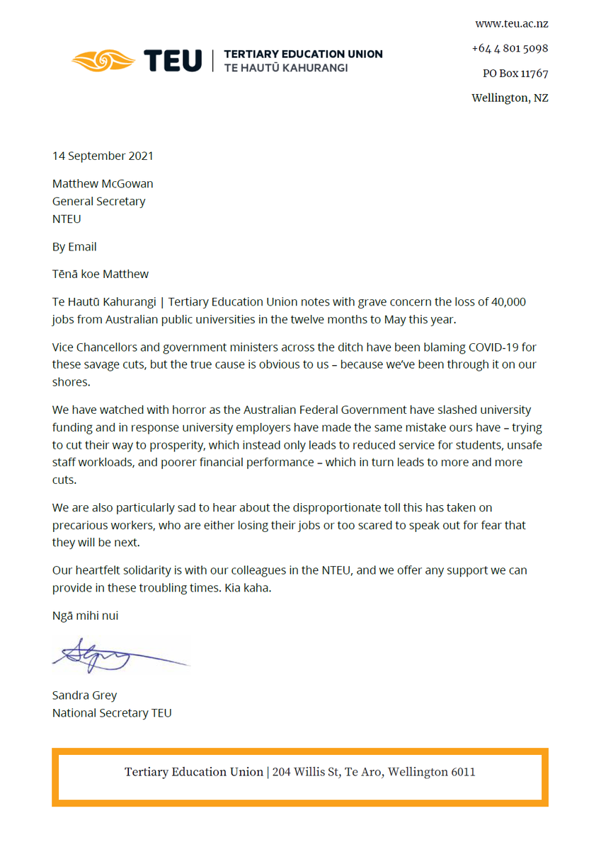 We've written to @NTEUNational to offer our support and solidarity with the 40,000 people who have lost their jobs in the Australian university sector in the 12 months to May.