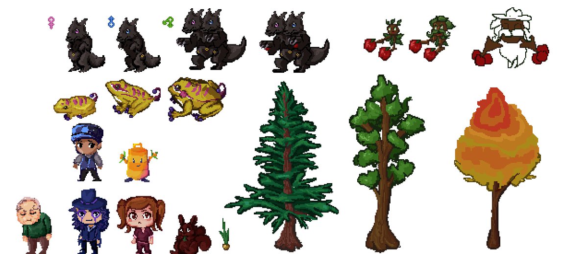 Michimongamedev's tweet photo. Some more recent Michimon and sprites we've been working on. This art is done by KrissyMischie and it's for  Michimon which is mostly a turn based RPG but there's elemets from farming sims  #gamedev #Michimon #art #pixelart #indiegames https://t.co/WjDJTMel35