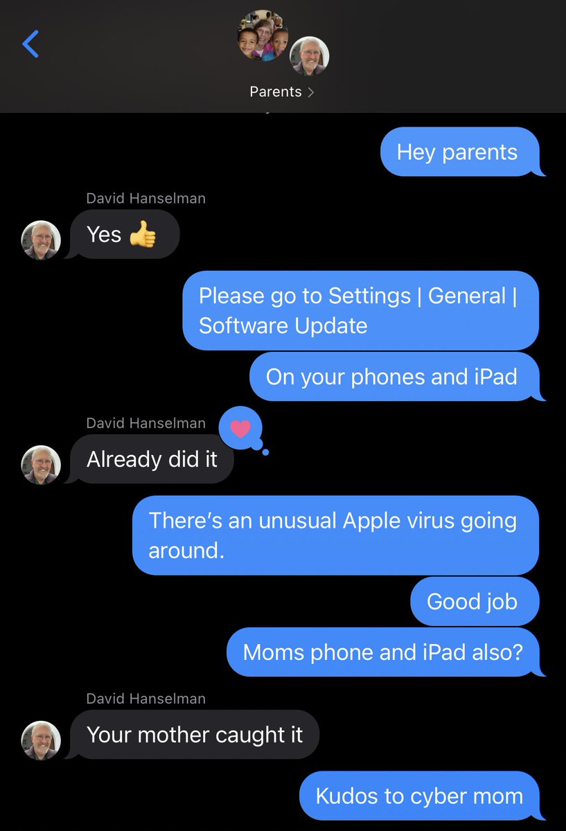 shanselman's tweet image. Don’t forget to take a moment and help non-technical parent update their devices to iOS 14.8 today. There’s a nasty security vulnerability. #iOS148