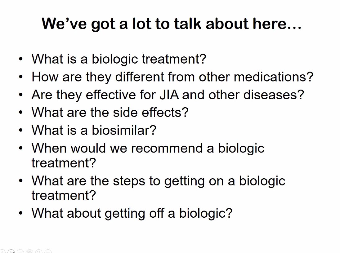 CAFsociety's tweet photo. Diving deep into biologics with Dr. Lori Tucker. Have any of these questions crossed your mind? #JA #JIA #JAwontstopme #childhoodarthritis #pediatricrheumatology https://t.co/XE7wLPsSi7