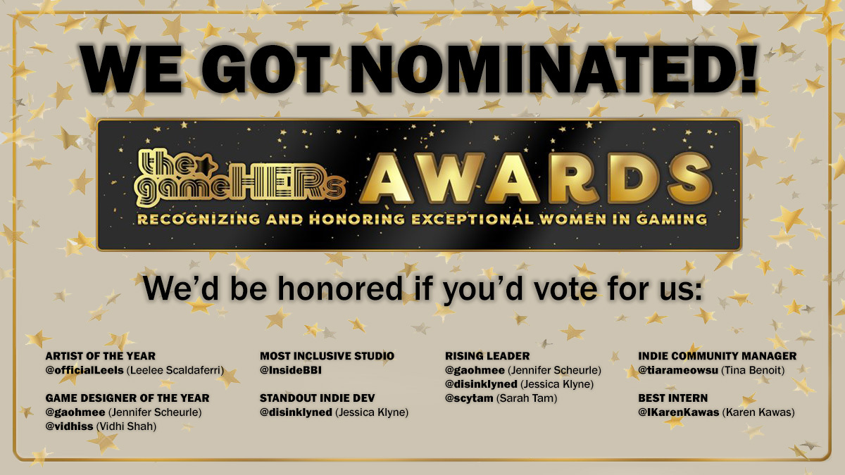 Voting for <a href="/thegamehers/">the*gamehers</a> is now open! 🏆✨
BBI devs have been nominated in multiple categories, support us with your vote! 
thegamehers.com/vote

Nominees are listed via Twitter handles, see below for the names that correspond to the Twitter handle in each category!