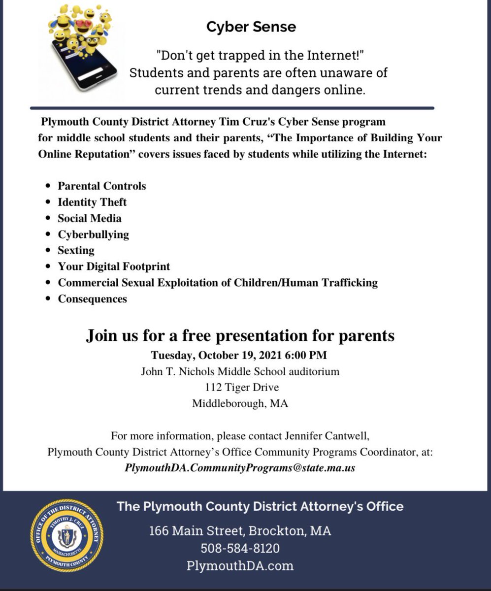Lt. John Graham (@ltgraham_mpd) on Twitter photo Excellent opportunity for parents to learn more about cyber crimes. <a href="/SachemHome/">Middleborough HS</a> <a href="/HBBElementary/">HBB Elementary</a> <a href="/MiddleboroAD/">MIDDLEBOROUGH ATHLETICS</a> <a href="/MiddleboroughPD/">Middleborough Police</a> <a href="/MKGElementary/">MKG Elementary</a> <a href="/MECCMPS/">MECC</a> Excellent opportunity for parents to learn more about cyber crimes. <a href="/SachemHome/">Middleborough HS</a> <a href="/HBBElementary/">HBB Elementary</a> <a href="/MiddleboroAD/">MIDDLEBOROUGH ATHLETICS</a> <a href="/MiddleboroughPD/">Middleborough Police</a> <a href="/MKGElementary/">MKG Elementary</a> <a href="/MECCMPS/">MECC</a>