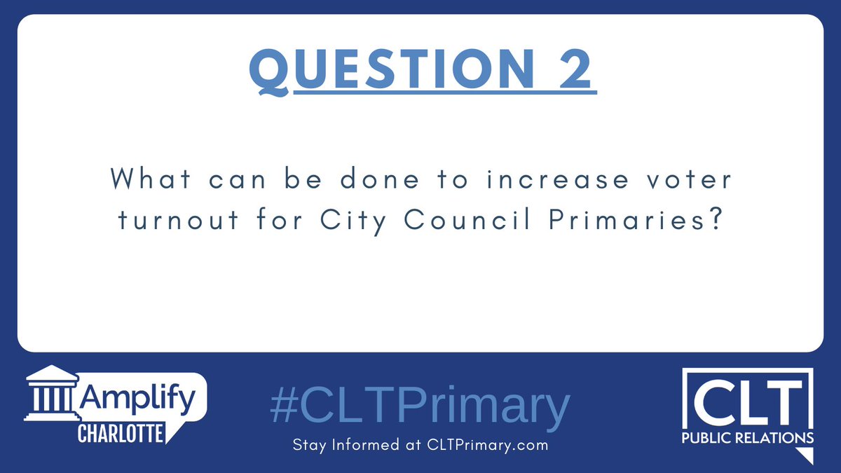 civilityco's tweet photo. Q2: Historically Charlotte City Council primary elections have very low turnouts, usually under 10%. In 2019 a special congressional election caused turnout to reach 21%. What can be done to increase voter turnout for City Council Primaries? cc: @CltPublic #CLTPrimary https://t.co/3geA7imHvB