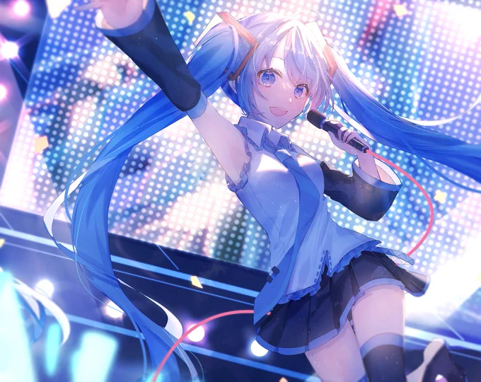 ピアプロ運営です。本日は「ライブ」作品をご紹介!白身。さんの、マイクを持って歌うミクさん!元気いっぱいな歌声が聞こえてきそうです🎶【https://t.co/5NB8sS4sEP】 #piapro #初音ミク 