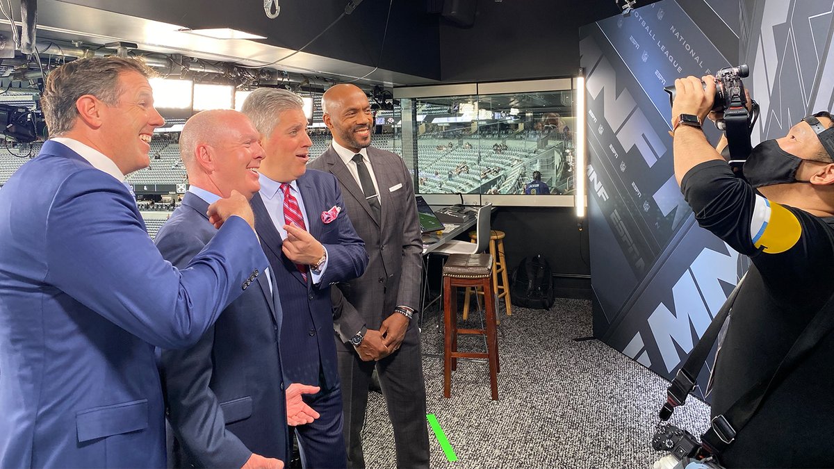 "Reunited and it feels so good."

The #MNF booth's 2nd season together is underway!

(L-R) <a href="/briangriese/">Brian Griese</a>, John Parry, <a href="/espnSteveLevy/">Steve Levy</a> &amp; <a href="/LRiddickESPN/">Louis Riddick</a>