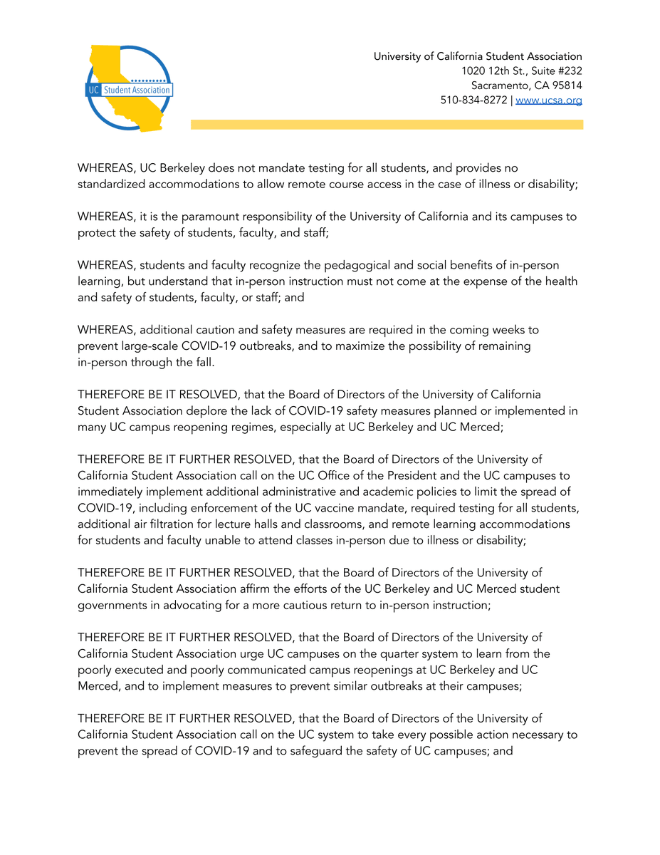 ASUCAAVP's tweet photo. This weekend, @_UCSA passed a resolution coauthored by @ASUCAAVP and @ASUCEAVP deploring the unsafe reopening plans at UC campuses. On behalf of 280,000 UC students, we call on UC campuses to implement effective safety measures and academic accommodations to protect UC students. https://t.co/mdJxW1llUu