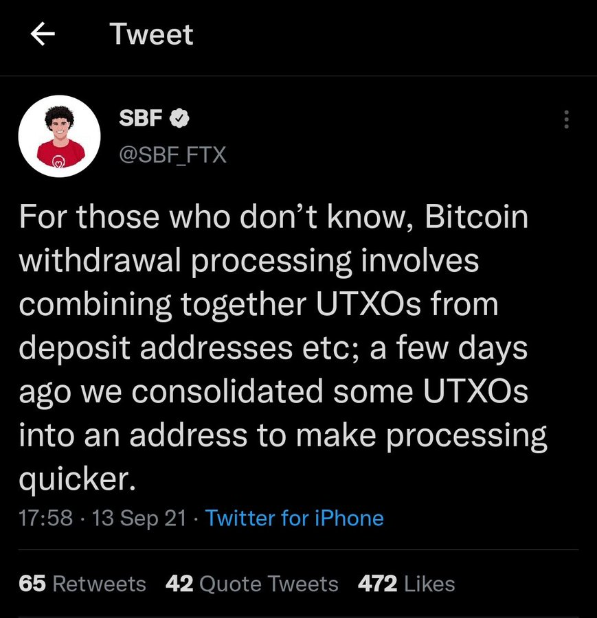 efebulduk's tweet photo. (8/14)
📣 Durum ayyuka çıkınca borsanın kurucusu Sam Bankman Fried (SBF) attığı Tweet'le bu durumun unspent transaction output (UTXO) yani harcanmamış işlem çıktılarının konsolide edildiğini belirtti. https://t.co/fYoamnTF1N
