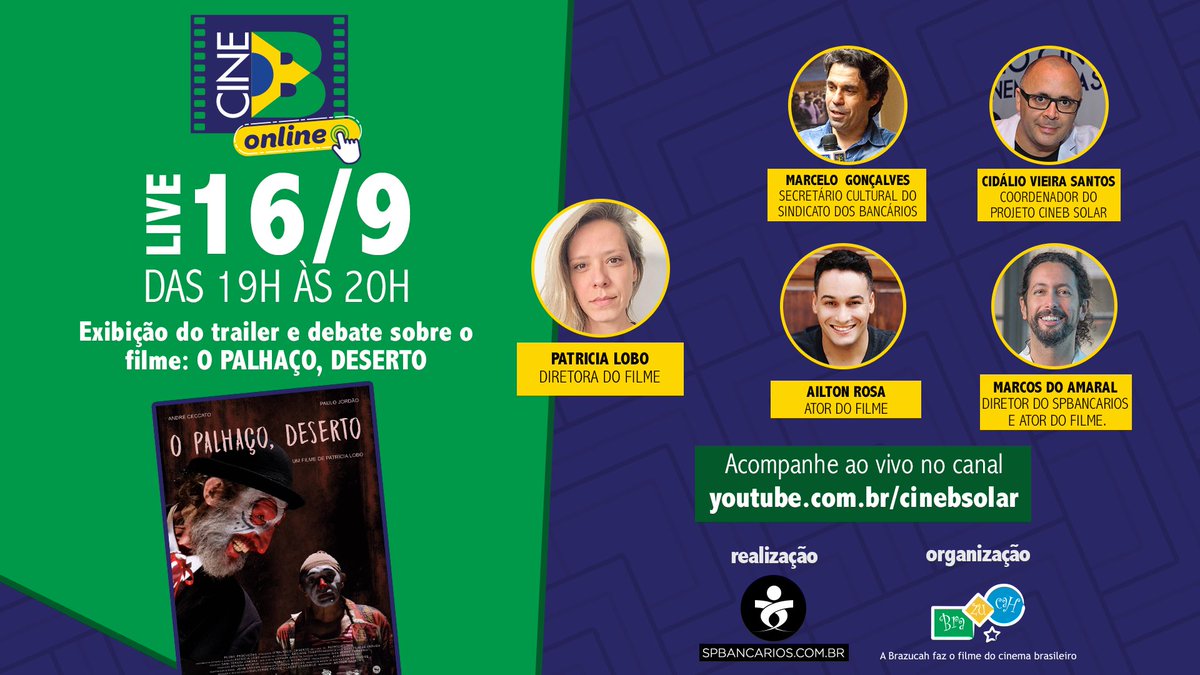 ailtonrosaator's tweet photo. O CineB online realizará uma live com a cineasta paulista Patrícia Lobo. O projeto apresentará o trailer de “O Palhaço, Deserto”. Informações no flyer
Acompanhe ao vivo pelo canal do youtube do CineB Solar  https://t.co/n6BEbC6iA8 
#opalhacodeserto #CineB #CineBonline #CineBSolar https://t.co/QGQHgWW5hB