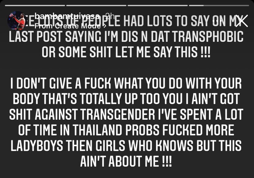 mmatrout's tweet image. Tai Tuivasa with a beautiful message on transgender rights 🙏🏻❤️