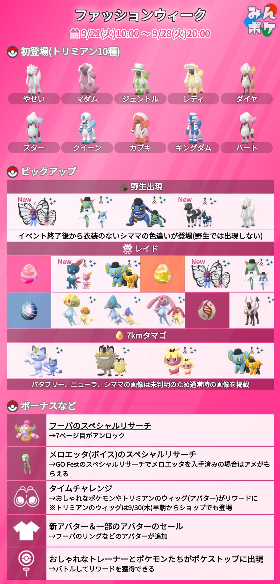 ポケモンgo攻略 みんポケ در توییتر ファッション ウィークの詳細が発表されました 開催期間 9月21日 火 10 00 9月28日 火 00 トリミアンが初登場 バタフリー シママ ニューラが新衣装で登場 メロエッタのスペシャルリサーチ 新アバター アバター