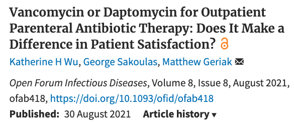 PaulSaxMD's tweet photo. Anyone who does inpatient ID and tries to set up home IV antibiotic therapy will instantly recognize why daptomycin is far superior to vanco for patient satisfaction -- ESPECIALLY with vanco q8 hours. That's some kind of torture
https://t.co/FL614DBxpk @mmPharmD https://t.co/OlhuctDHgd