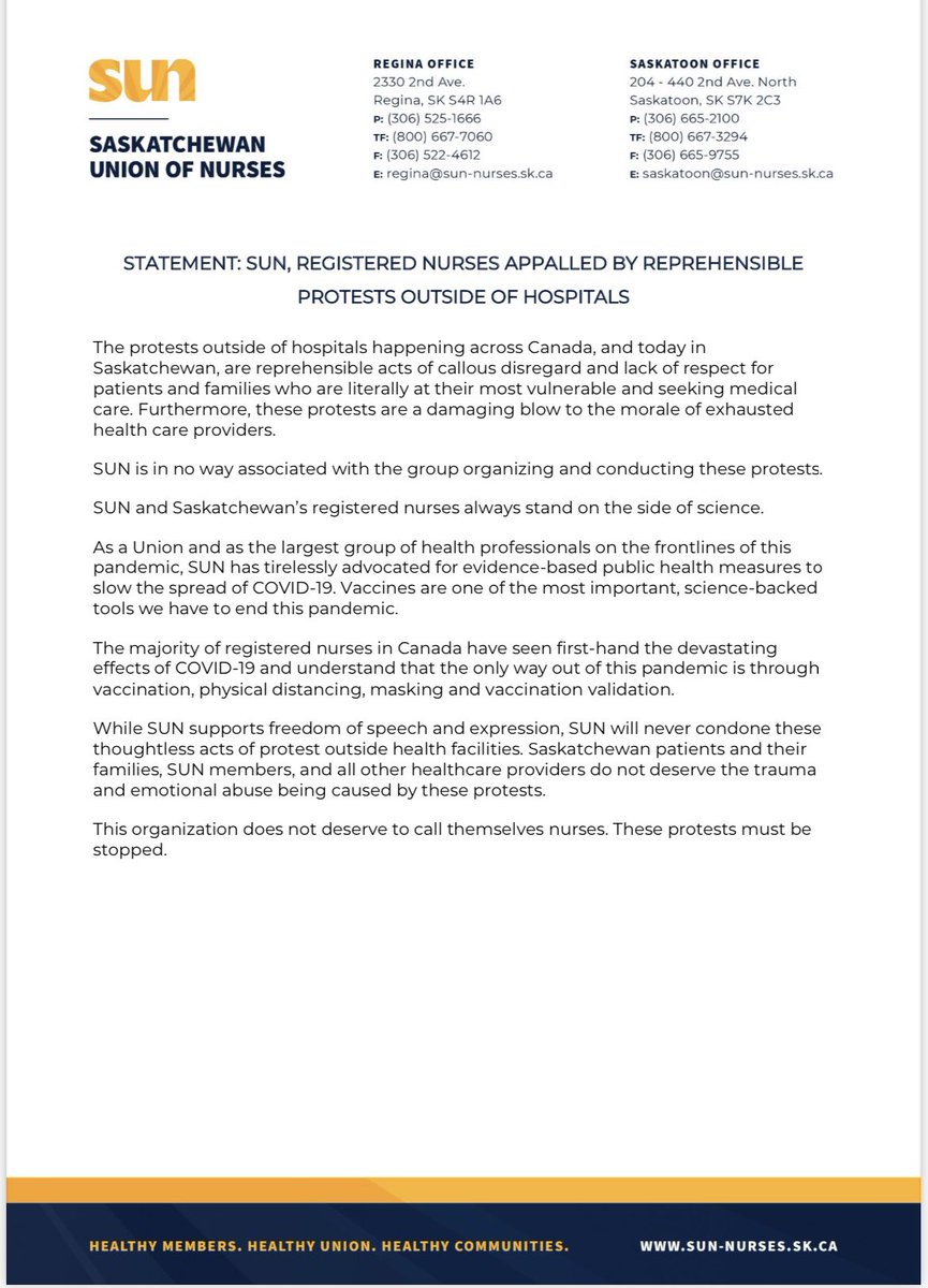 SUNnurses's tweet photo. The protests outside of hospitals happening across Canada, &amp; today in #Sask, are reprehensible acts of callous disregard &amp; lack of respect for patients &amp; families who are literally at their most vulnerable..&amp; they’re a damaging blow to the morale of exhausted healthcare providers https://t.co/jDJEmF8w3D
