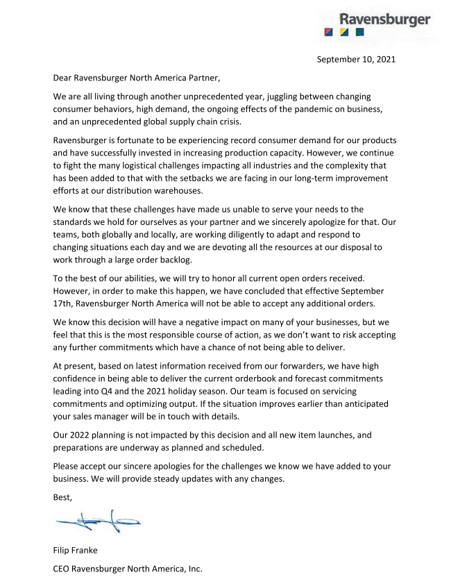 BoardGameGeek's tweet photo. .@RavensburgerNA will no longer take orders as of September 17, 2021 in order to clear through existing orders and ensure that it has stock on hand once it resumes taking orders in the future.

Details: https://t.co/pwo02F35Sl —WEM https://t.co/aqKgRqmpec