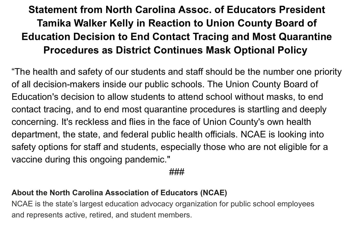 Regarding the Union Co. Board of Education's decision to end contact tracing, end most quarantine procedures, &amp; continue as one of only five North Carolina school districts that do not require masks for students and staff during this pandemic. #clt #cltnews <a href="/wsoctv/">WSOCTV</a> 
👇👇👇👇👇