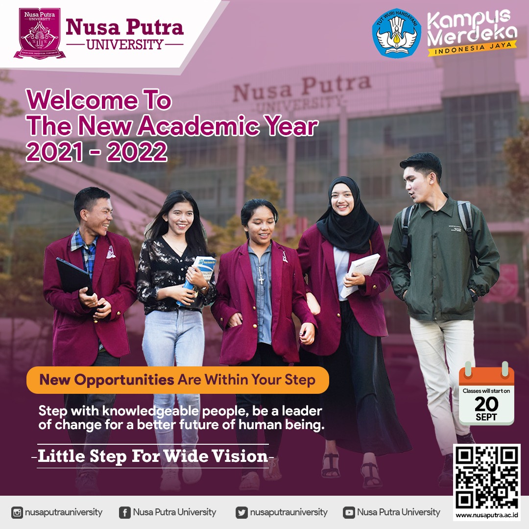 NUSAPUTRA_UNIV's tweet photo. Hallo Genusian!
Selamat datang di Tahun Akademik Baru 2021-2022.
Ayo persiapkan dirimu untuk awal perkuliahan yang akan dimulai pada tanggal 20 September 2021.
Step with knowledgeable people, be a leader of change for a better future of human being.
#Genusian #NusaPutraUniversity https://t.co/9YhlWNpHwO