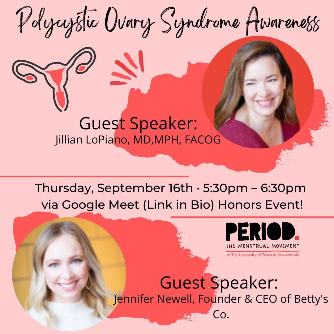 PeriodUTSA's tweet image. Our second meeting of the semester will be on Thursday, September 16th at 5:30 pm. We will be joined by two guest speakers, Dr. Jillian LoPiano and Jennifer Newell, for a workshop on Polycystic Ovary Syndrome. We hope to see you there. Link to join the meeting is in our bio!!