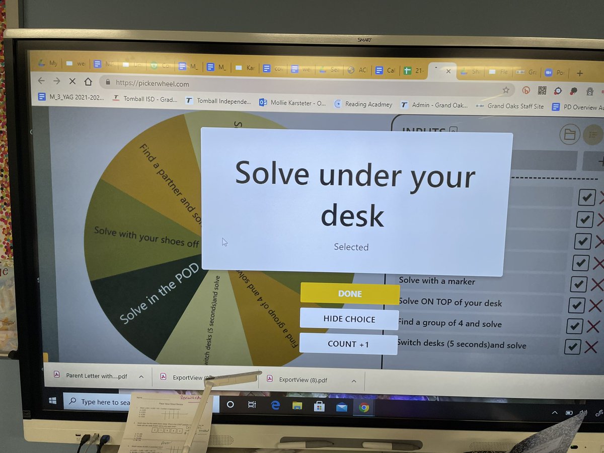 MKarsteter's tweet photo. Spin to Solve- the students spun the wheel to see where or how they would solve a problem.  We tackled today’s review under our desk, in the POD, on top of our desk and many other ways.  What a wonderful way to keep students engaged. https://t.co/pYsbe5URZH