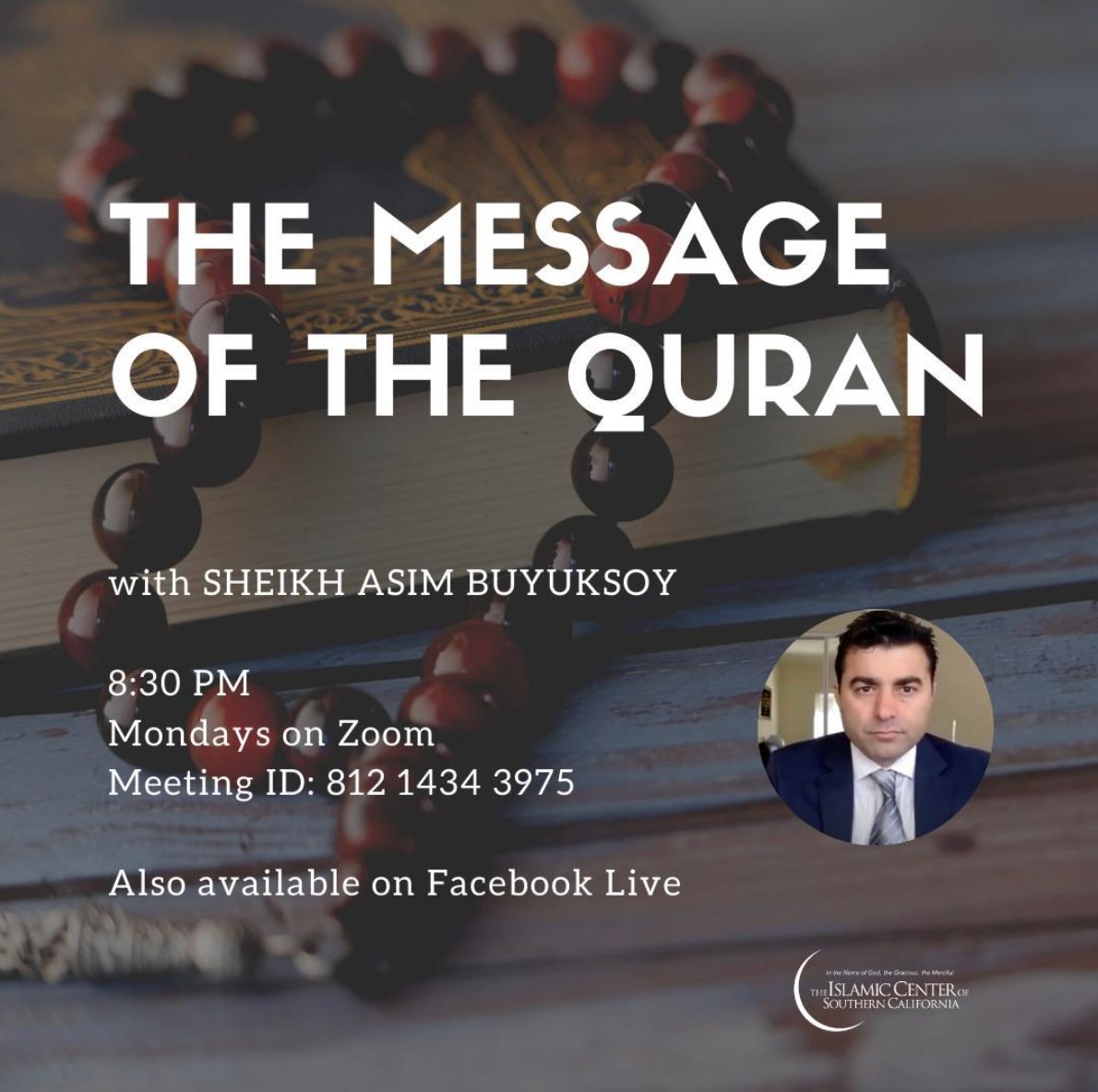 weareicsc's tweet image. Happening Soon: The Message of The Quran⠀
Join us at 8:30 pm on Zoom, Facebook Live, and buff.ly/2XsqpOr ⠀
We will start off the night with Qur'anic recitation, followed by a spiritual discussion, 'Isha prayer and then end with duaa.⠀
#mondaynight #islam #weeklyprogram