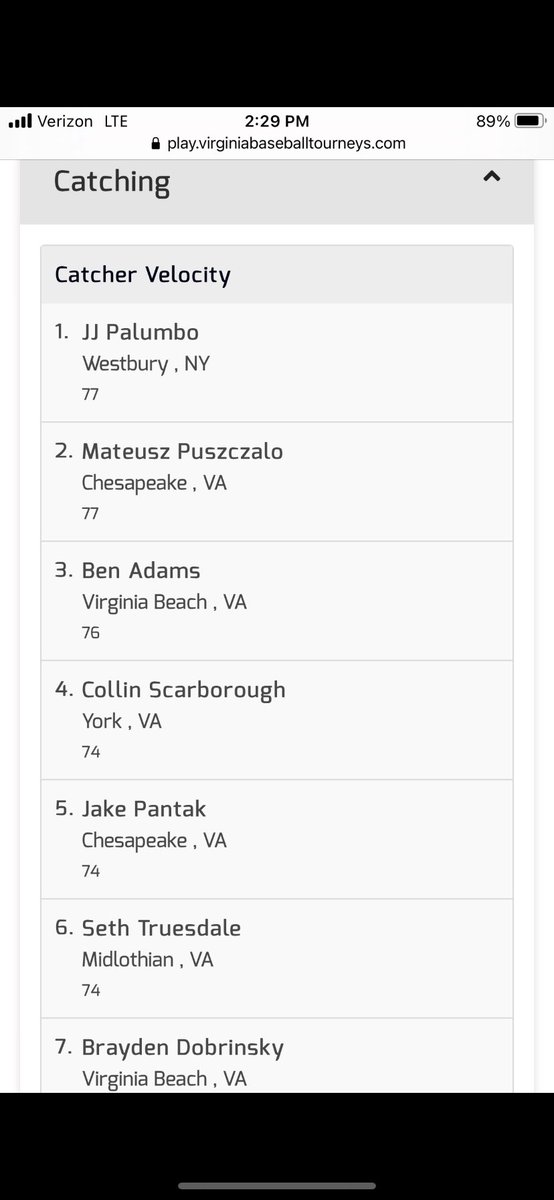 Catcher Velo from this weekends combine at JMU <a href="/touchemall00/">John Harvell</a> <a href="/D1Uncommitted/">Anthony Edwards</a> @TNCCBaseball <a href="/ML_Morgan/">M.L. Morgan</a> <a href="/AdamPosey/">Adam Posey</a> <a href="/HSC_CoachKinne/">Jeff Kinne</a>  <a href="/CoachBeaz/">Travis Beazley</a> @pottpott15 <a href="/CoachCaseyCGA/">Brian Casey</a> <a href="/CoachLeoni/">Frank Leoni</a>