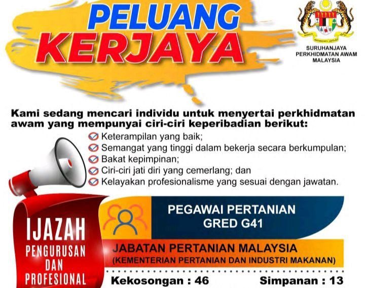 Jawatan Kosong di Kementerian Pertanian dan Industri Makanan (MAFI)

1. PEGAWAI PERTANIAN GRED G41

📍59 kekosongan seluruh Malaysia
📍 Tarikh tutup permohonan : 19 Sep 2021