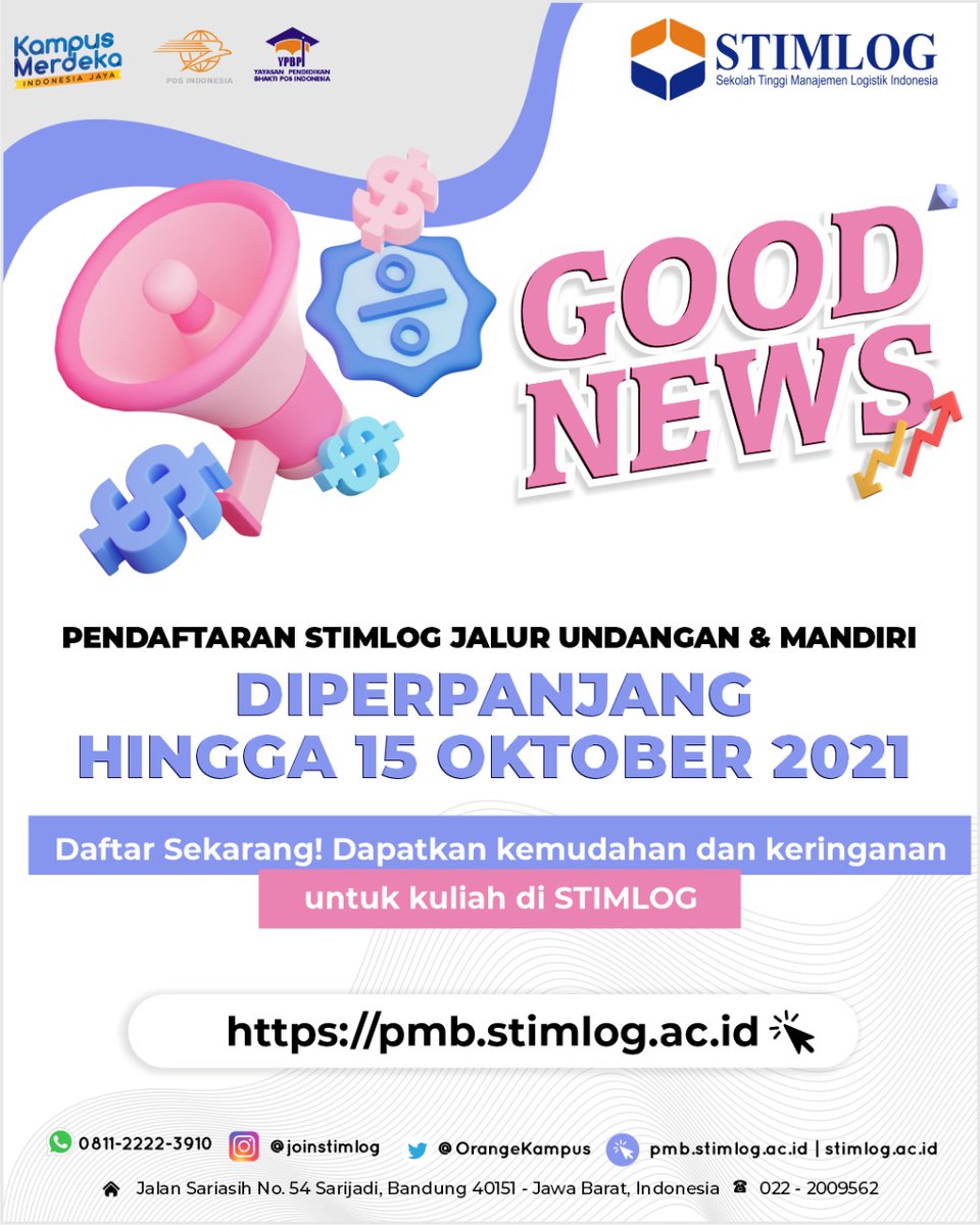 Admission_ULBI's tweet photo. Halo #SobatKampusOrange #Logisticians &amp; #Tranporters
Selain PPKM yang masih diperpanjang kita juga masih memperpanjang Penerimaan Mahasiswa Baru loh di POLTEKPOS dan STIMLOG.

Bandung Hujan, wah mevvah gais

#POLTEKPOS
#STIMLOG
#PPKM
#PMB https://t.co/cQEQkDcMLC