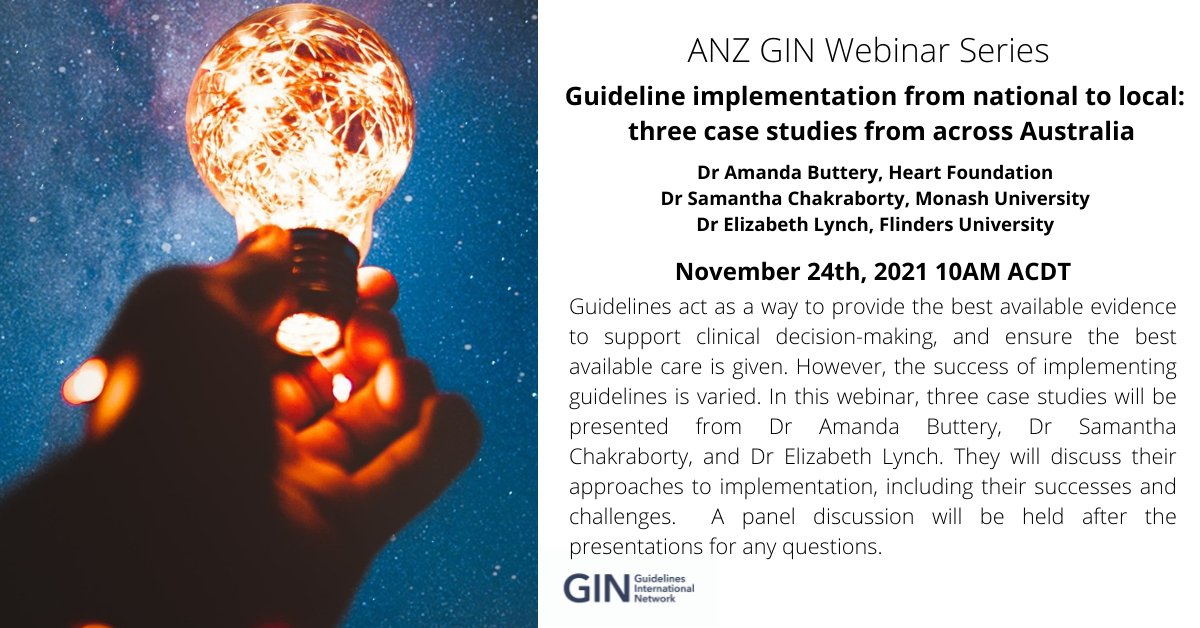 Join us for our next webinar on guideline implementation with <a href="/AKButtery/">Amanda Buttery</a> <a href="/SamanthaC_22/">Samantha Chakraborty</a> and Elizabeth Lynch. 
adelaide.zoom.us/webinar/regist…