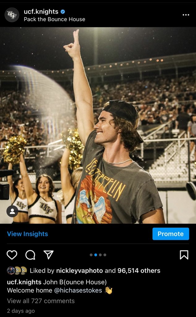 EricDeSalvo's tweet photo. When John B comes to the Bounce House, you gotta capitalize 🤠

Shoutout to @lexxcampagna for the most perfect TikTok &amp; @brookekmorris for the 📸s that gave us the most viral @UCFKnights IG post ever 🙌🙌 https://t.co/CvbsKdFPlI
