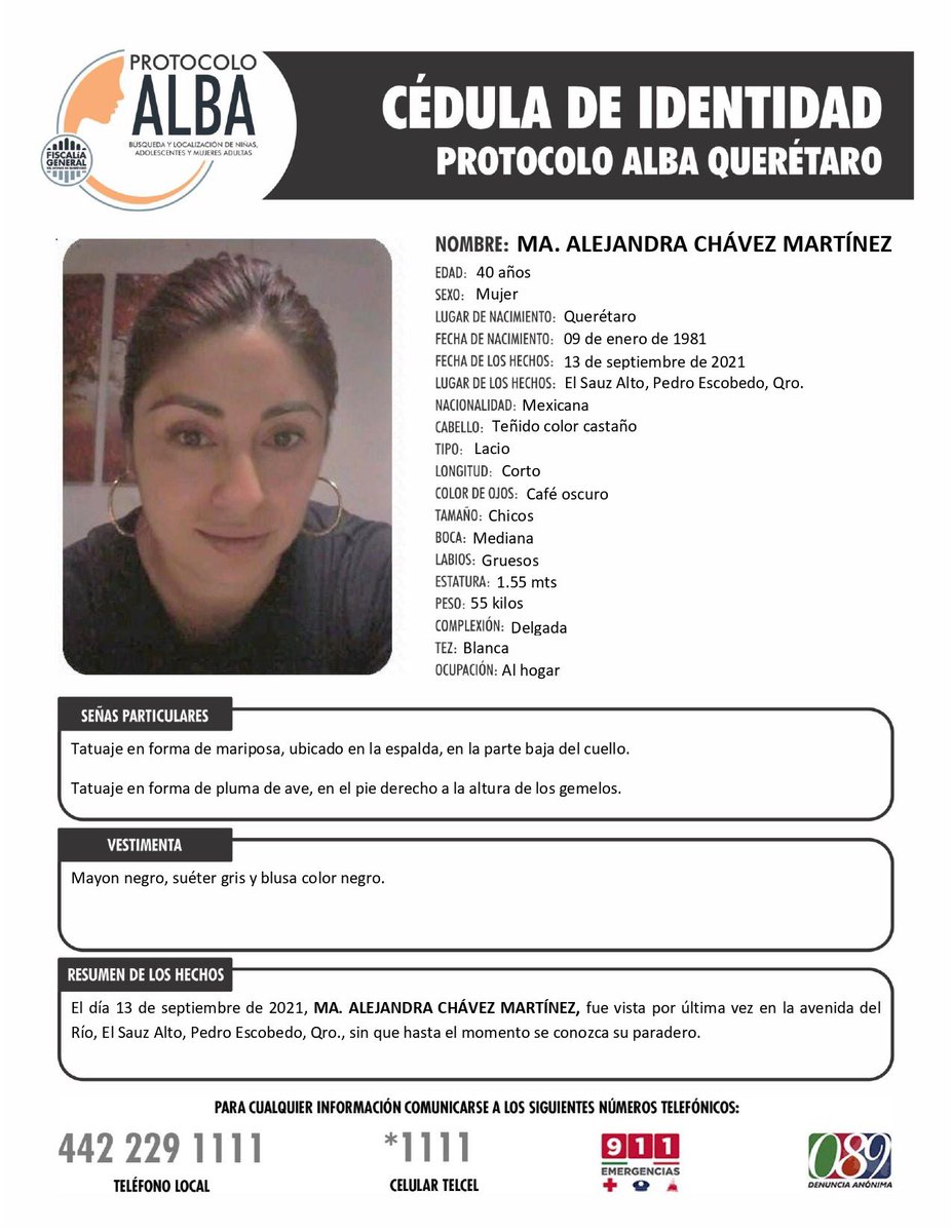 fiscaliaqro's tweet photo. #FiscalíaQro solicita colaboración ciudadana para la búsqueda y localización de Ma Alejandra Chávez Martínez. Quien tenga información sobre su paradero comunicarse a Locatel al 4422291111, al 911 o de manera anónima al 089. Se está brindando acompañamiento y asesoría a la familia https://t.co/XPgOSJDr4n