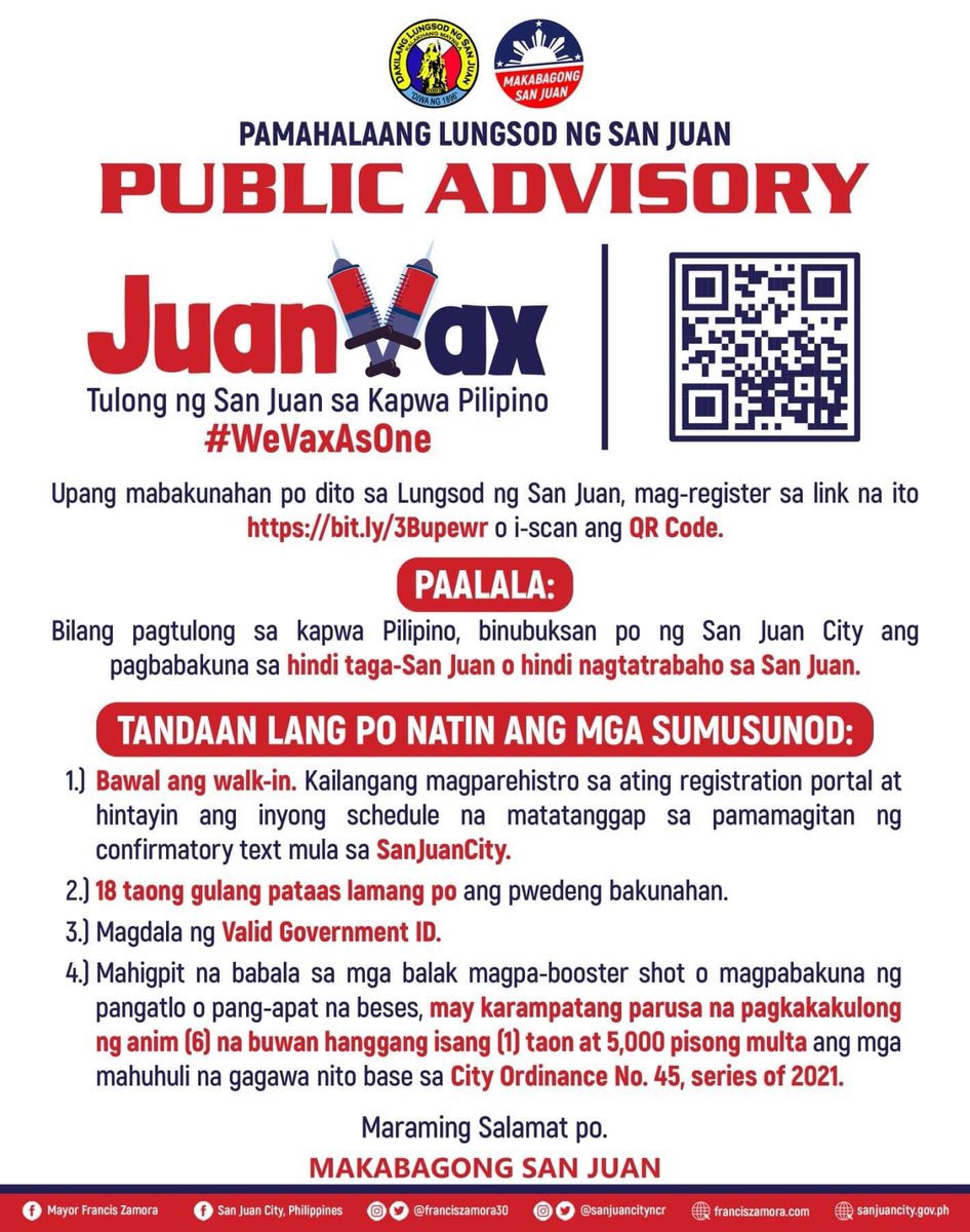sanjuancityncr's tweet photo. If you’re a non-resident and not working in San Juan, register through JuanVax, and get your jabs here at San Juan https://t.co/BD7pCDkw7I