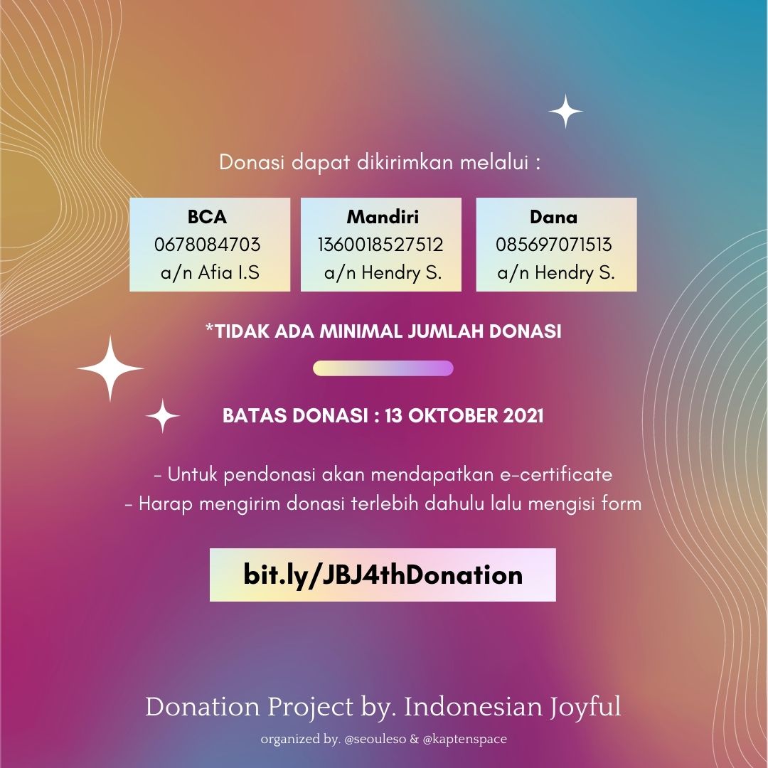 Kaptenspace's tweet photo. โจ
JBJ 4th Anniversary
๐๐ฎ ๐ผ๐น ๐ผ๐ฉ ๐ ๐๐
๐ธ๐๐
Donation Project by. Indonesian Joyful
"If we meet again, Will we be able to paint the picture we wanted?"
Link : https://t.co/zmTTbE6eQC
#JBJ #JBJ4thAnniversary #JoyfulINA #CallYourName https://t.co/EUVIpFf2gv