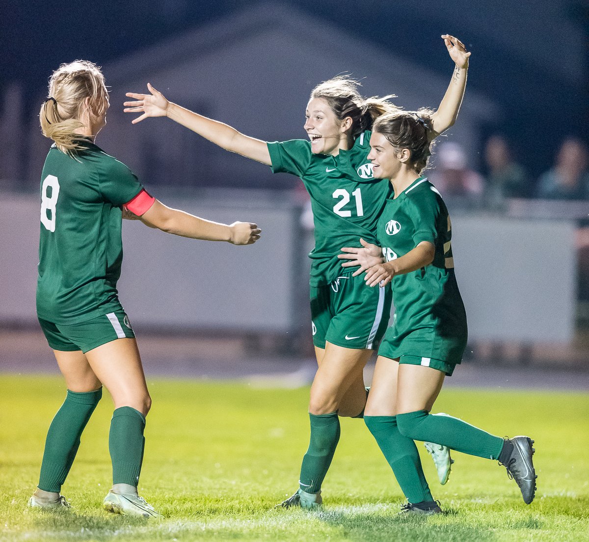 Medina's <a href="/vannahhardy/">savannah hardy</a> celebrates her goal (Medina's fourth) against Hoban with <a href="/MeghanHeath17/">Meghan Heath</a> and <a href="/eileycoates/">eiley coates</a>. @MedinaGSoccer