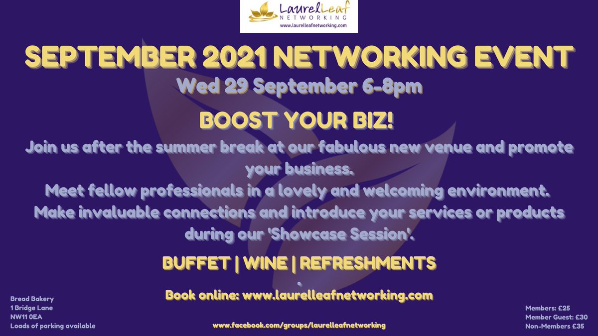 LaurelLeafChat's tweet image. 🌿 𝗟𝗔𝗨𝗥𝗘𝗟 𝗟𝗘𝗔𝗙 𝗡𝗘𝗧𝗪𝗢𝗥𝗞𝗜𝗡𝗚 ~ 𝗦𝗘𝗣𝗧 𝟮𝟬𝟮𝟭 𝗘𝗩𝗘𝗡𝗧
Join us after the summer break at our Sept 2021 Networking Event🔗
bit.ly/3iaA6sB
#SMEs #camdenbusiness #networkingeventlondon
