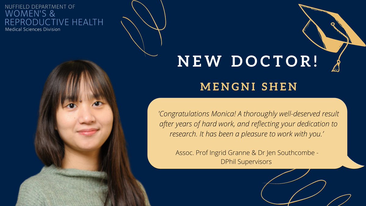 Congratulations to <a href="/Monica_0517/">Mengni Shen</a> supervised by <a href="/ingrid_granne/">Ingrid Granne</a> &amp; <a href="/JenSouthcombe/">Jennifer Southcombe</a> for completing her #DPhilViva! 🎓
Monica's thesis was titled 'Characterisation of Endometrial B Cells and Lymphocytes in the Peri-implantation Window’