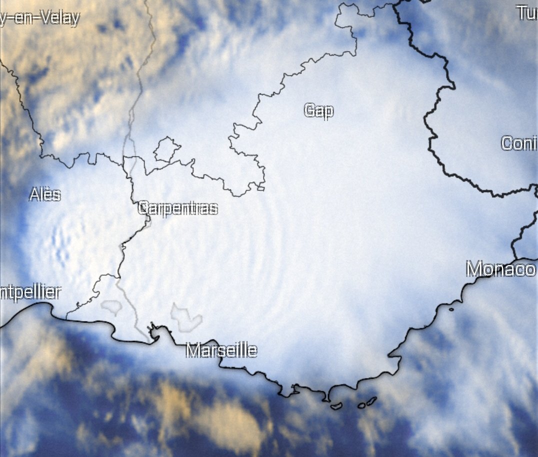 Virulente convection sur l'est du Languedoc avec des ondes de gravité bien visibles et de nombreux sommets pénétrants. #orages 
Image windy 