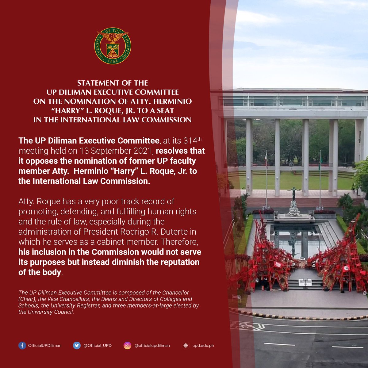rapplerdotcom's tweet photo. UP Diliman ExeCom, composed of chancellor, vice chancellors, deans and directors, opposes Harry Roque's nomination to the Int'l Law Commission, says he has "very poor track record" in promoting and defending human rights and rule of law. Roque is a UP Law alumnus. | via @lianbuan https://t.co/XMGNt7qvur
