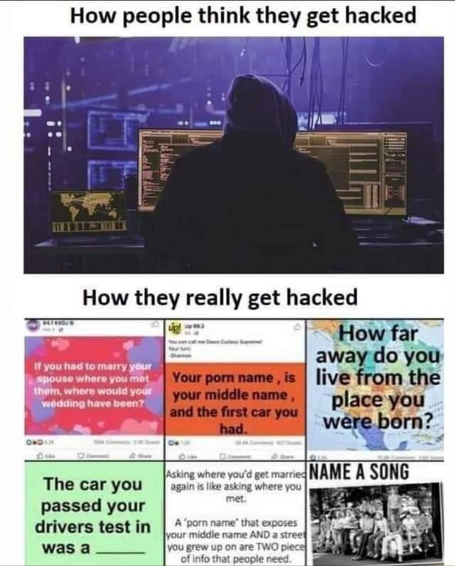 Would love to credit the person who created this image. Shows dangers of  'fun' quizzes on social media! 
Not so innocent when you freely give up info around where you were born, mothers maiden name, first pet...all clues to passwords. 🤔#cybersecurity