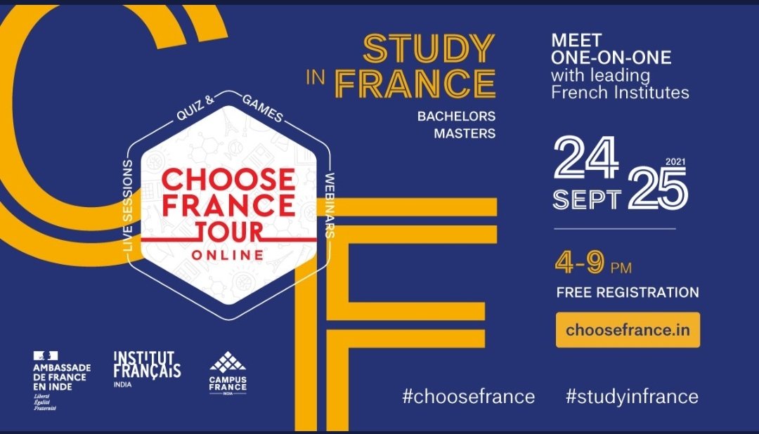 VikashGolla's tweet photo. Discover more on education opportunities in France at the #ChooseFrance Tour coming to the comfort of your screens this year. 
E- Meet a gamut of French schools &amp; institutions virtually on 24 &amp; 25th September.
Register now for more details:
https://t.co/S3S0N0JaL3 https://t.co/AQmnz8IoEX
