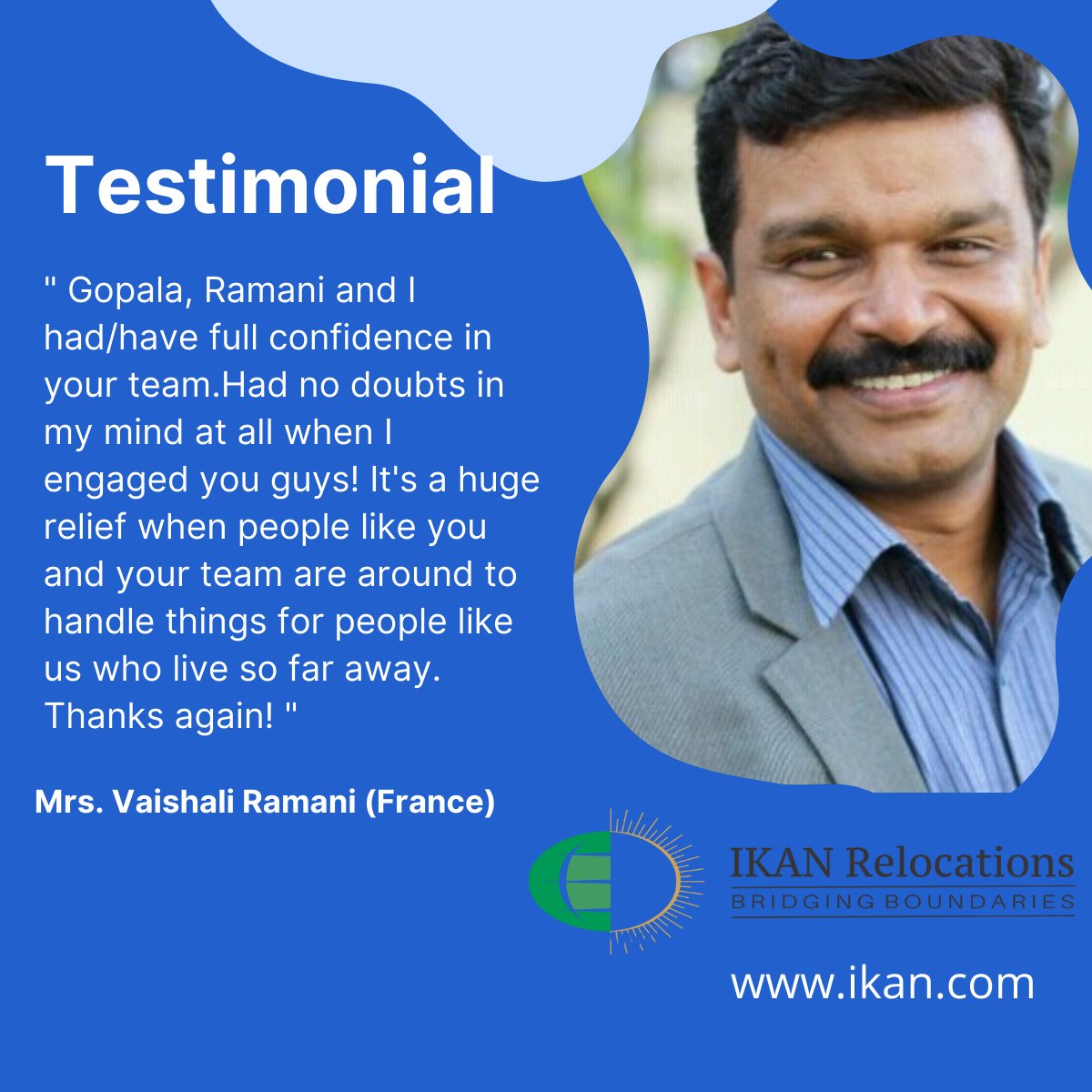 ikanrelocations's tweet photo. IKAN Relocation Services India Pvt. Ltd. commits to a #seamless #experience for its clients and make sure that all their needs are taken care of once the assignment is complete.
Thank you so much Mrs. Vaishali Ramani for sharing such a wonderful #feedback #globalmobility https://t.co/EL69BC2fJO