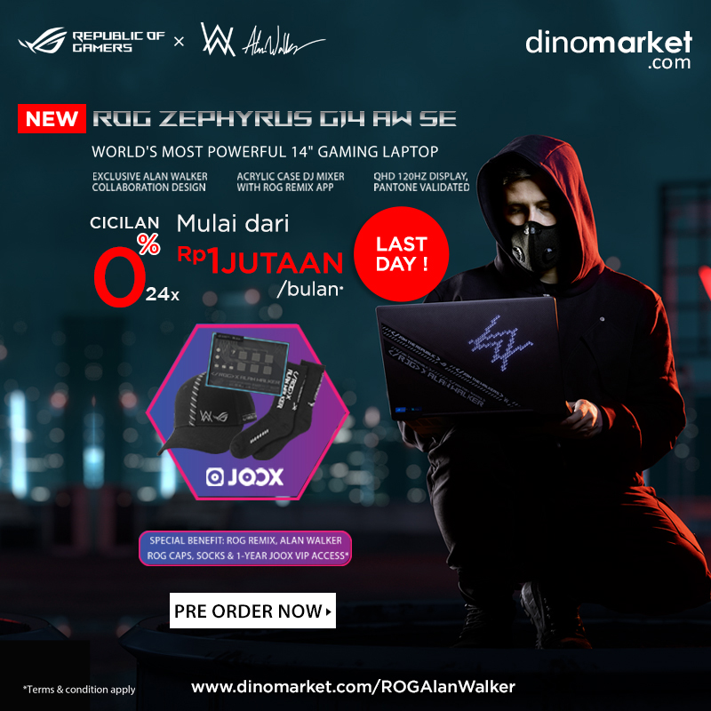 DINOMARKET's tweet image. LAST DAY! NEW Asus ROG Zephyrus G14 Alan Walker Edition
.
BENEFIT 2JUTA ROG Remix &amp;amp; Bundle ROG Alan Walker Caps &amp;amp; Socks, klik di sini : dinomarket.com/ROGAlanWalker
.
Lebih mudah tanya-tanya dan belanja melalui chat whatsapp di nomor 0811-11-3466
.
#Asus #ROGZephyrusG14 #ROGAlanWalker