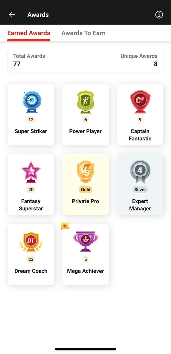 Whats the use of this awards or special stickers for rare achievements <a href="/Dream11/">Dream11</a> ? 
websites that don’t even have 1/4th of ur user base are giving a prize money of 1 crore for tournament leaderboard &amp; u give 1000 rupees bonus if we invest 1 crore. <a href="/harshjain85/">Harsh Jain</a> #dream11 #fantasy .