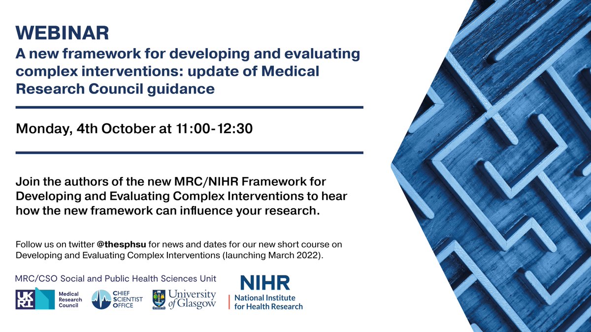 Improving Health (@thesphsu) on Twitter photo Join the authors of the new <a href="/The_MRC/">Medical Research Council</a> <a href="/NIHRresearch/">National Institute for Health and Care Research</a> Framework for Developing and Evaluating Complex Interventions to hear how the framework can influence your research.
Webinar🗓️4th October, 11am-12.30pm
Register 👉 eventbrite.co.uk/e/a-new-framew… Join the authors of the new <a href="/The_MRC/">Medical Research Council</a> <a href="/NIHRresearch/">National Institute for Health and Care Research</a> Framework for Developing and Evaluating Complex Interventions to hear how the framework can influence your research.
Webinar🗓️4th October, 11am-12.30pm
Register 👉 eventbrite.co.uk/e/a-new-framew…