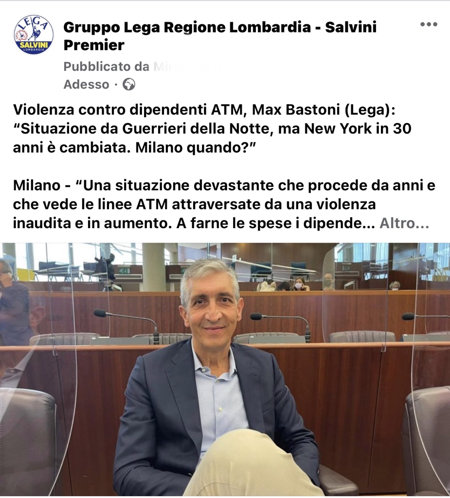 Violenza contro dipendenti #ATM, <a href="/MaxBastoni/">Max Bastoni</a>  (Lega): “Situazione da Guerrieri della Notte, ma #NewYork in 30 anni è cambiata. #Milano quando?”👉🏻 facebook.com/45921232749461…
#Lombardia #RegioneLombardia #legasalvinipremier