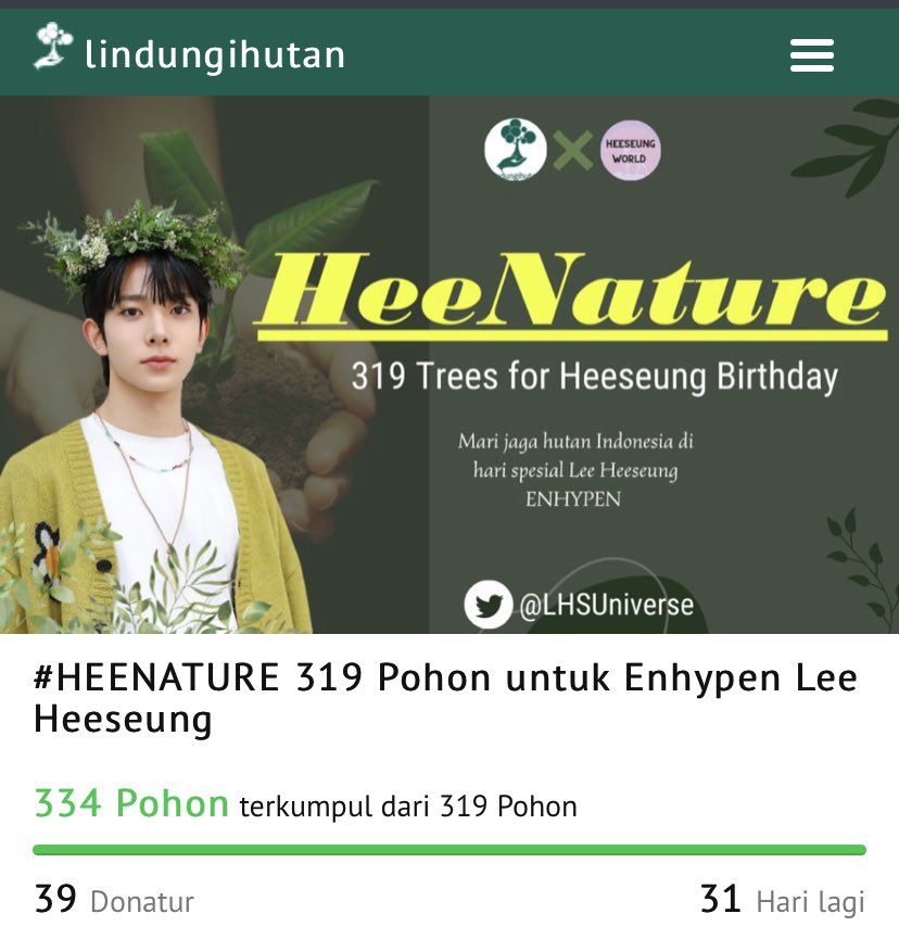 LHSUniverse's tweet photo. Update donasi #HeeNature 319 Pohon untuk Heeseung di @LindungiHutan telah melampaui target kurang dari 24 jam 🥳

Terima kasih kepada donatur yang telah perpartisipasi pada project ini🙏

#HEESEUNG #희승 
@ENHYPEN_members @ENHYPEN https://t.co/aV3cvBJ5EY