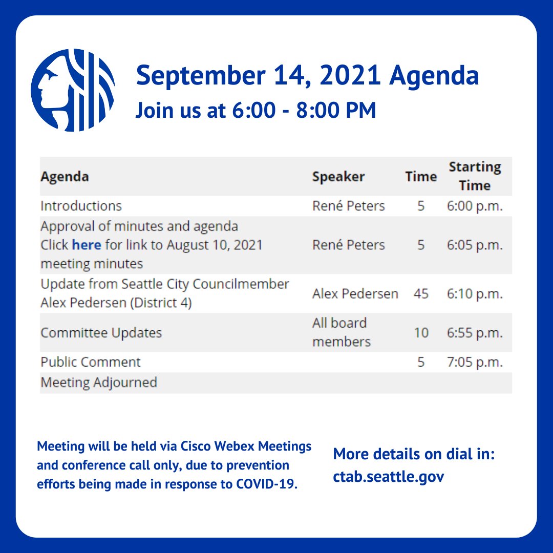 SeaTechBoard's tweet image. Please join our monthly CTAB meeting Tuesday, 9/14 from 6-8pm PST. 

We have a packed agenda and can&apos;t wait to hear a update from our Seattle Council member @AlexIsListening (District 4). More details to join: ctab.seattle.gov

We hope to see you there!