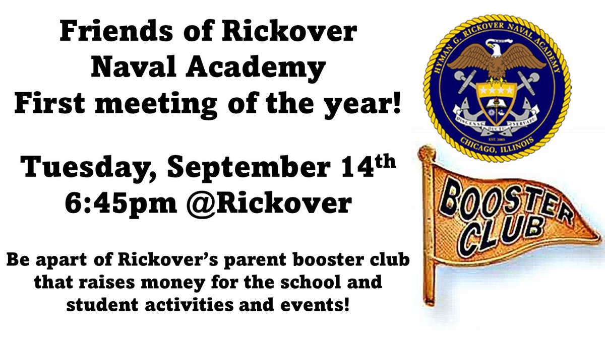 RickoverNavalHS's tweet photo. Hey Rickover Families--Be a part of Friends of Rickover Naval Academy--our parent booster club! Our first meeting is Today, Tuesday September 14th at 6:45pm at Rickover! #FriendsofRickover #BoosterClub https://t.co/QJyLnT1yzz