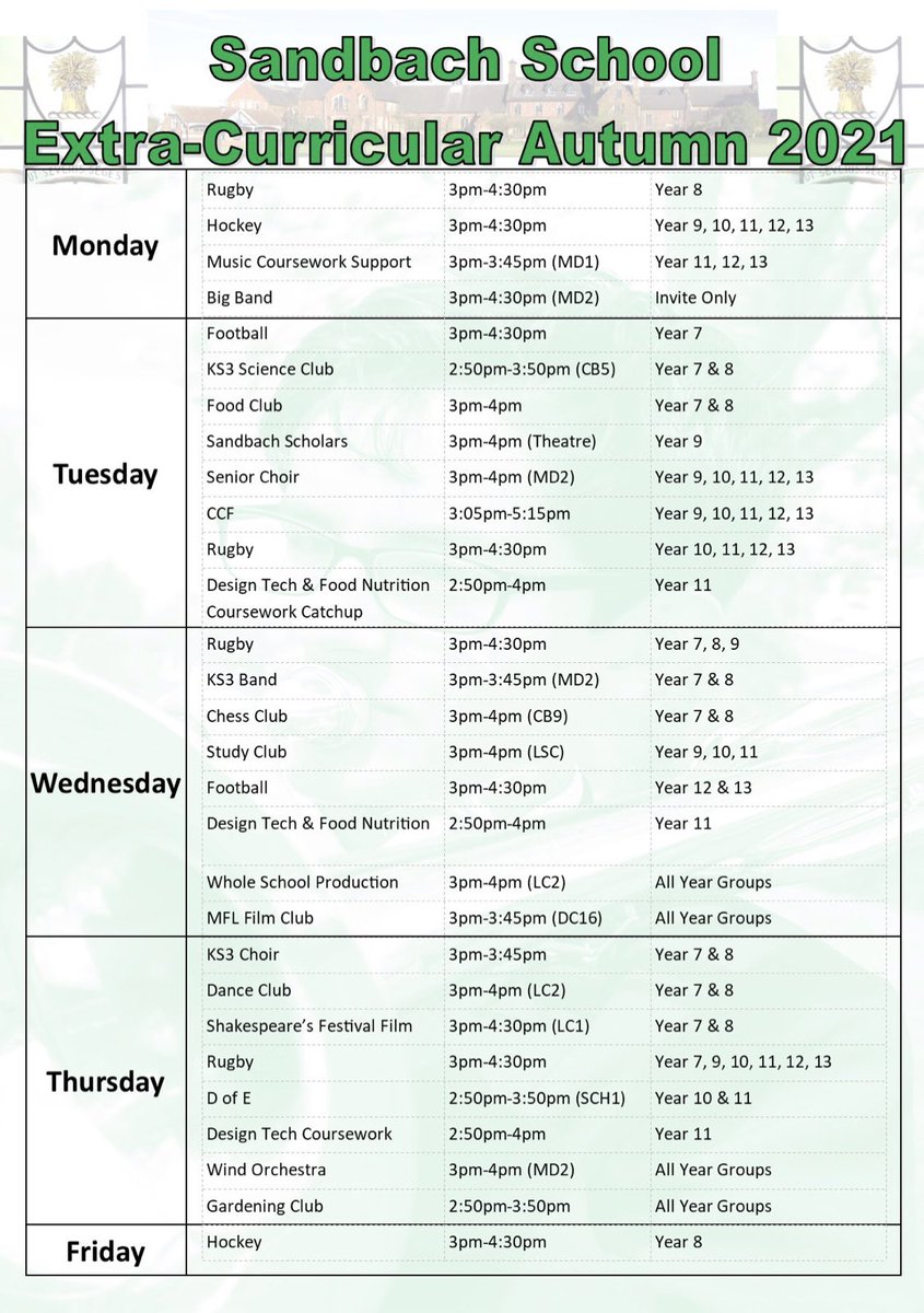 SandbachPTSV's tweet photo. Sandbach School 'Xtra' Programme for the Autumn Term 2021. If your child is interested in any of the opportunities on offer then please encourage them to attend. Mark Sanders #sandbach #utseverisseges #xtra https://t.co/Wro01XLyGm