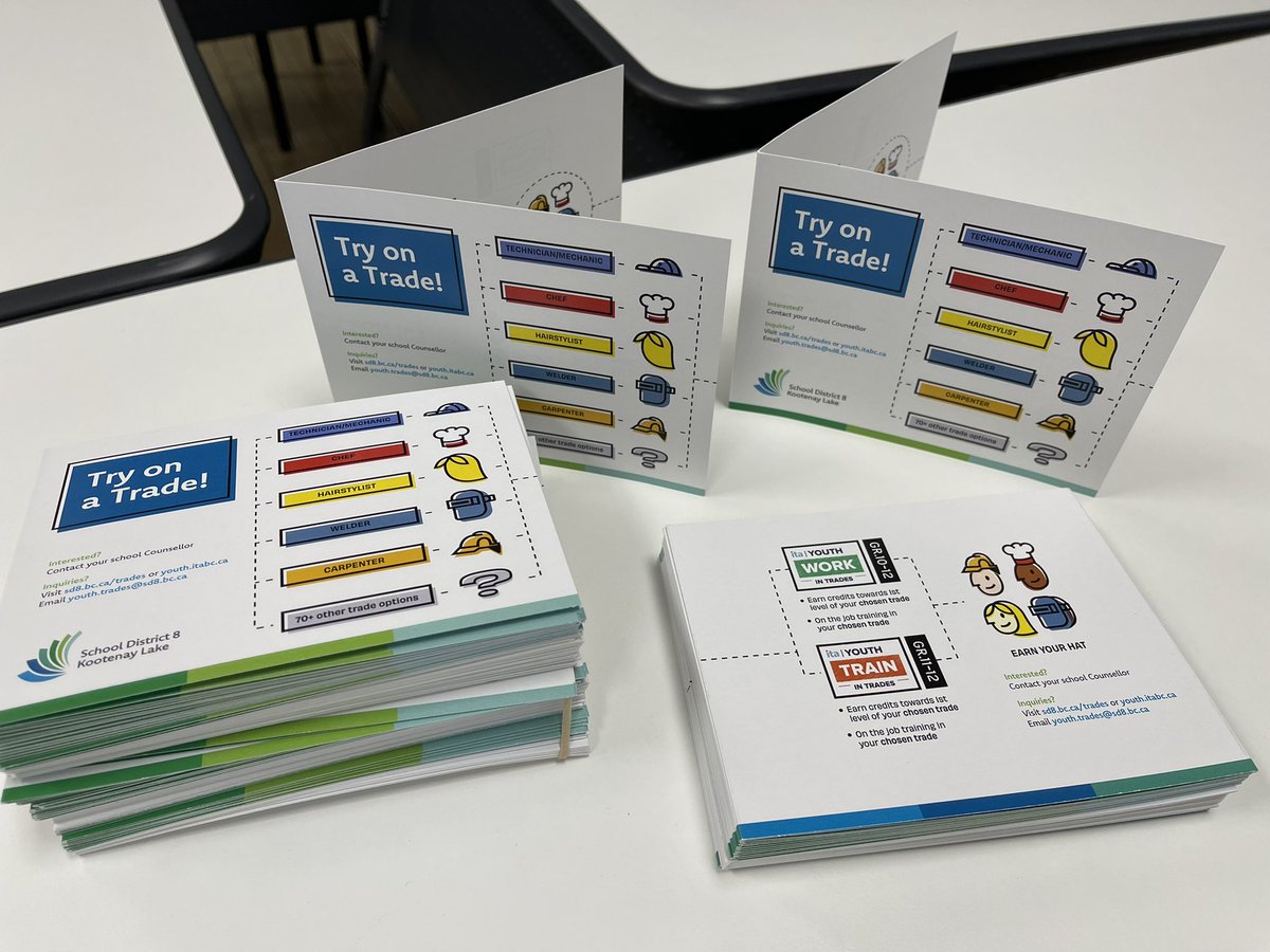 New! <a href="/SD8KootenayLk/">SD8 Kootenay Lake</a> Youth Train Trades program promo cards going out to SD8 Secondary schools! @ita_youth <a href="/CrestonPCSS/">PCSS</a> <a href="/mtsentinel/">Mt. Sentinel School</a> <a href="/LVRsecondary/">LV Rogers Secondary</a> <a href="/SD8YouthTrades/">Youth Trades SD8</a>